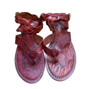 Very Volatile Red Tooled Leather Braided Ankle Strap Thong Sandals Womens Size 7